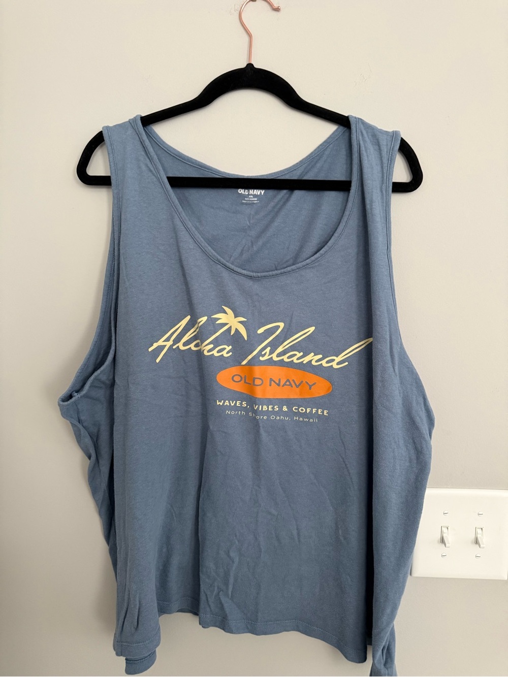 Old Navy Blue Aloha Island Graphic Tank with Yellow and Orange Print